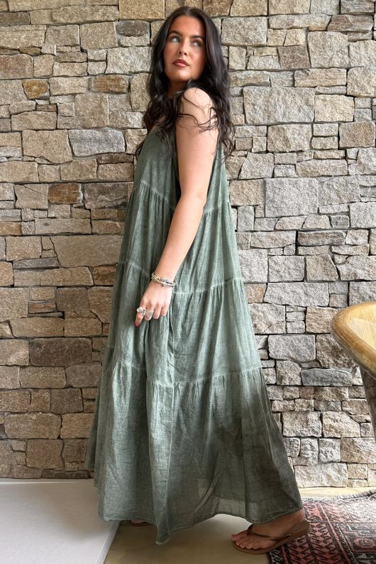 Lenni Cotton Tiered Dress Washed Khaki